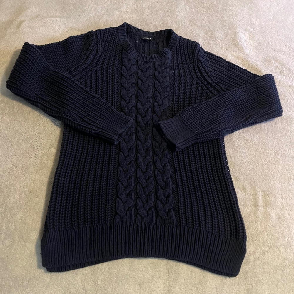 Nautica Womens Navy Blue Cable Knit Crewneck Sweater Size Large Cotton Blend